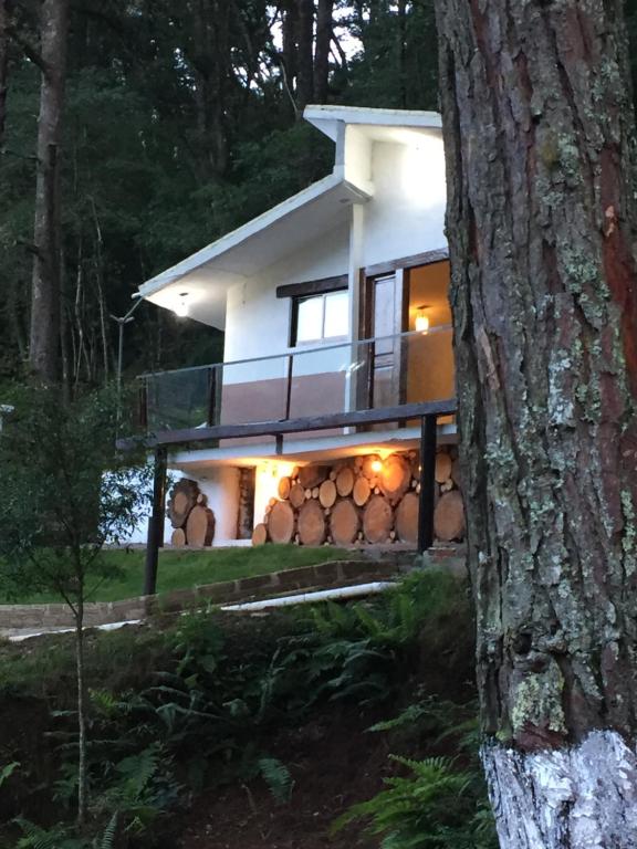 una casa construida con troncos en el bosque en Rancho Los Barriles, en Acaxochitlán