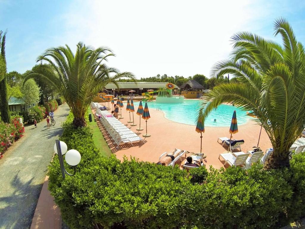 a resort swimming pool with lounge chairs and palm trees at Happy Camp mobile homes in Camping Village Free Time in Marina di Bibbona