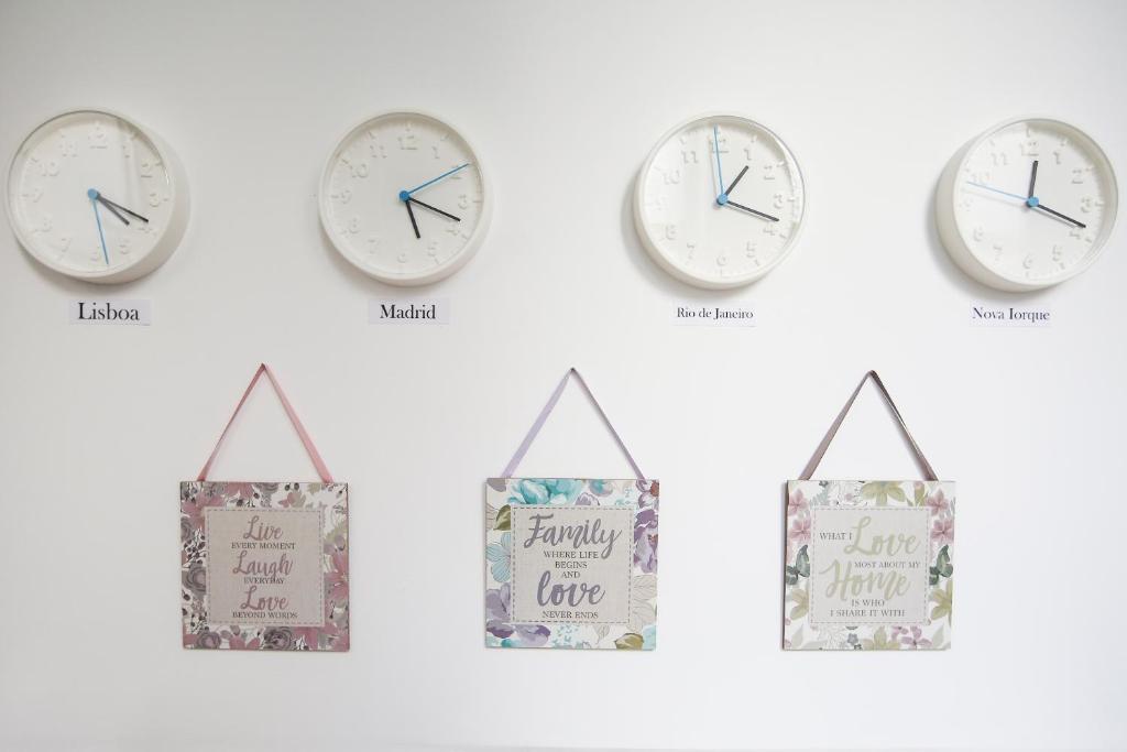 a group of clocks with different time zones at The Chill(e) in Lisbon