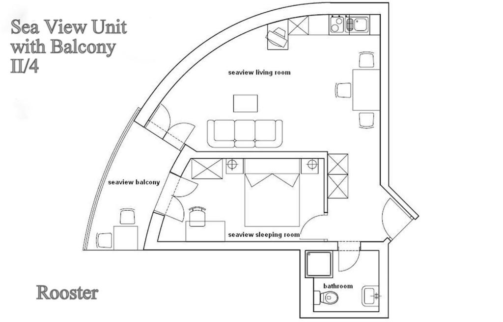 a floor plan of a small apartment with balcony at Ark Beach Apartments in Split