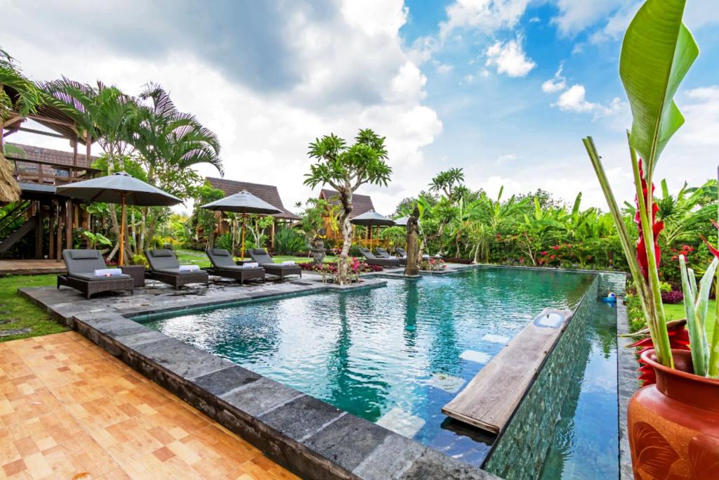 an infinity pool with chairs and umbrellas at a resort at Bali Natha Beach Front in Canggu