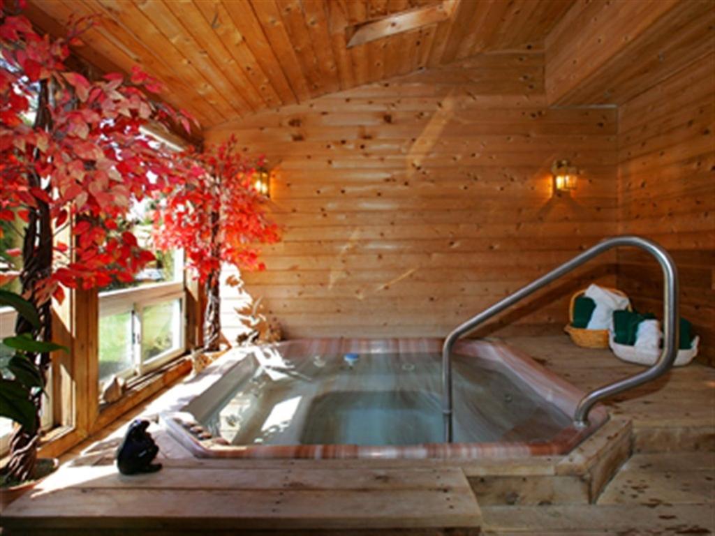 Pretty River Valley Country Inn في Nottawa: ساونا مع حوض استحمام ساخن في غرفة خشبية
