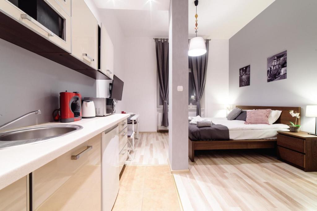 Kuchyňa alebo kuchynka v ubytovaní Cracow Rent Apartments - spacious apartments for 2-7 people in quiet area - Kolberga Street nr 3 - 10 min to Main Square by foot