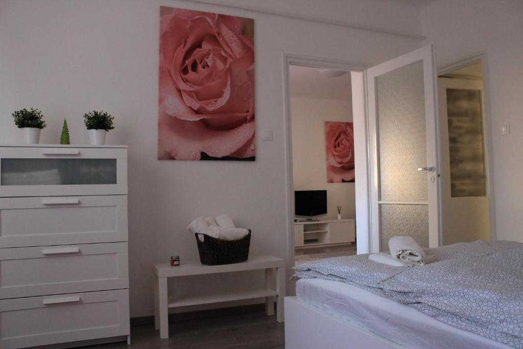 a bedroom with a bed and a dresser and a mirror at Wanderer 1 in Debrecen