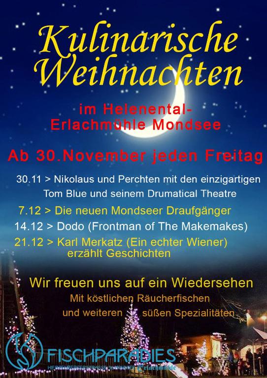a flyer for a kirkhamsteenventen christmas concert at Erlachmühle in Mondsee