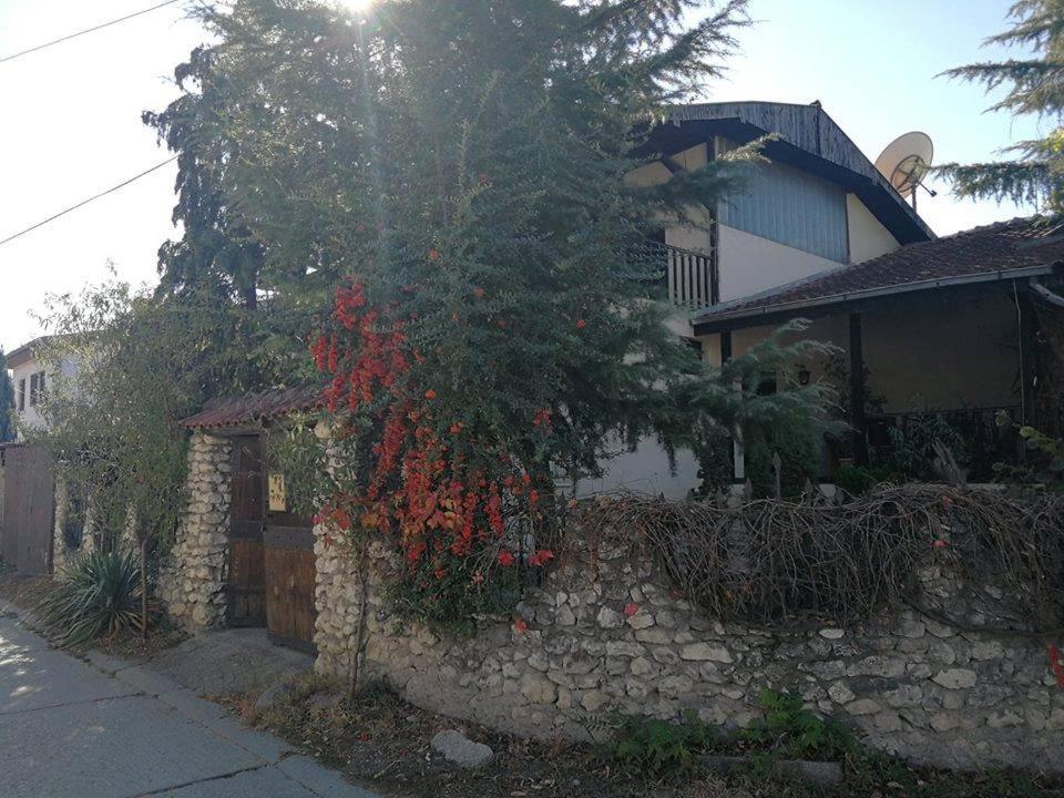 a house with a stone wall and a tree with red flowers at HOSTEL EMI in Kavadarci