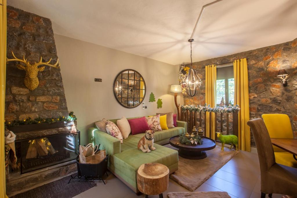 a living room with a couch and a fireplace at Rock Dandy Mountain house - Παλιός Άγιος Αθανάσιος Καϊμακτσαλάν in Palaios Agios Athanasios