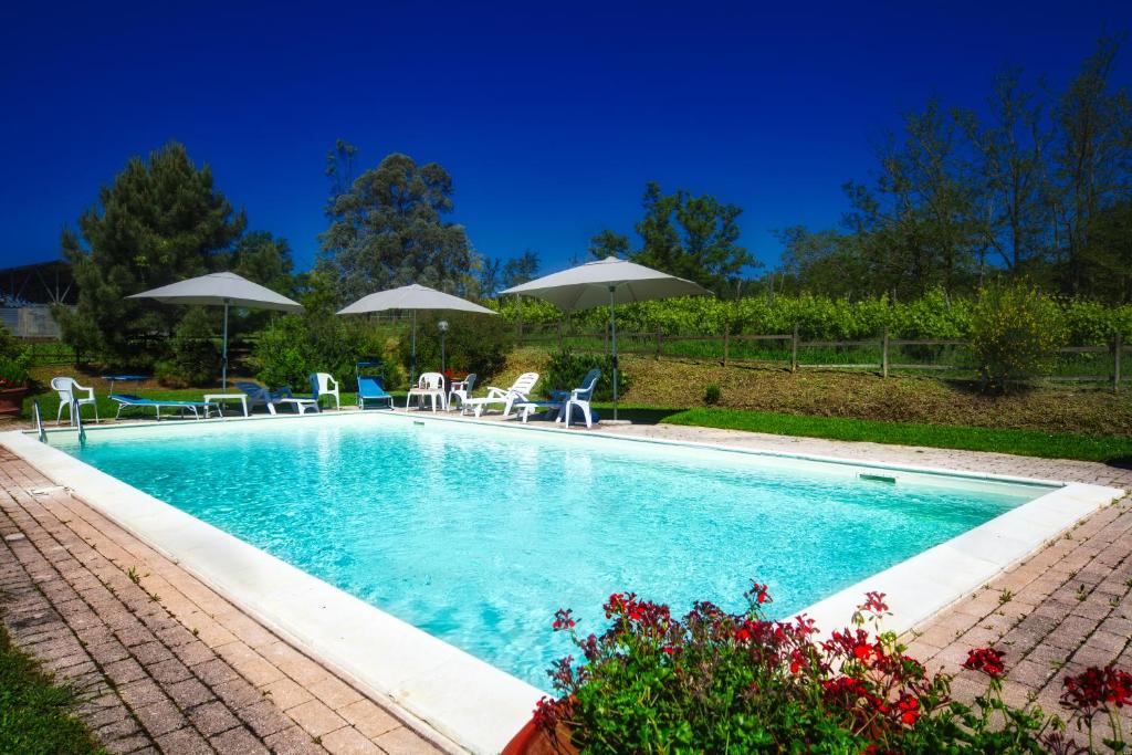 a swimming pool with chairs and umbrellas at Fioralice in Fauglia