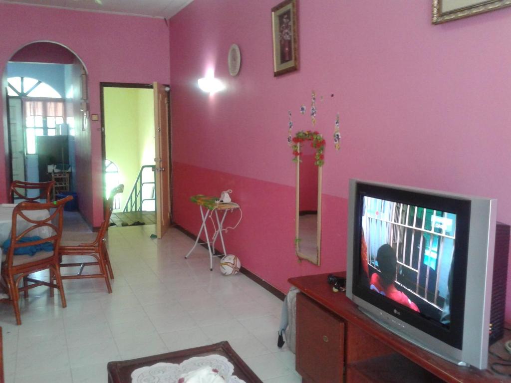 a living room with a tv and a pink wall at Seri Lagenda Apartment in Kuah