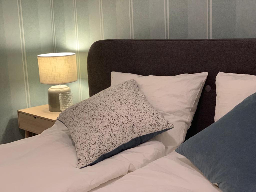 - un lit avec un oreiller et une lampe sur une table de nuit dans l'établissement Apartment Center, à Bled