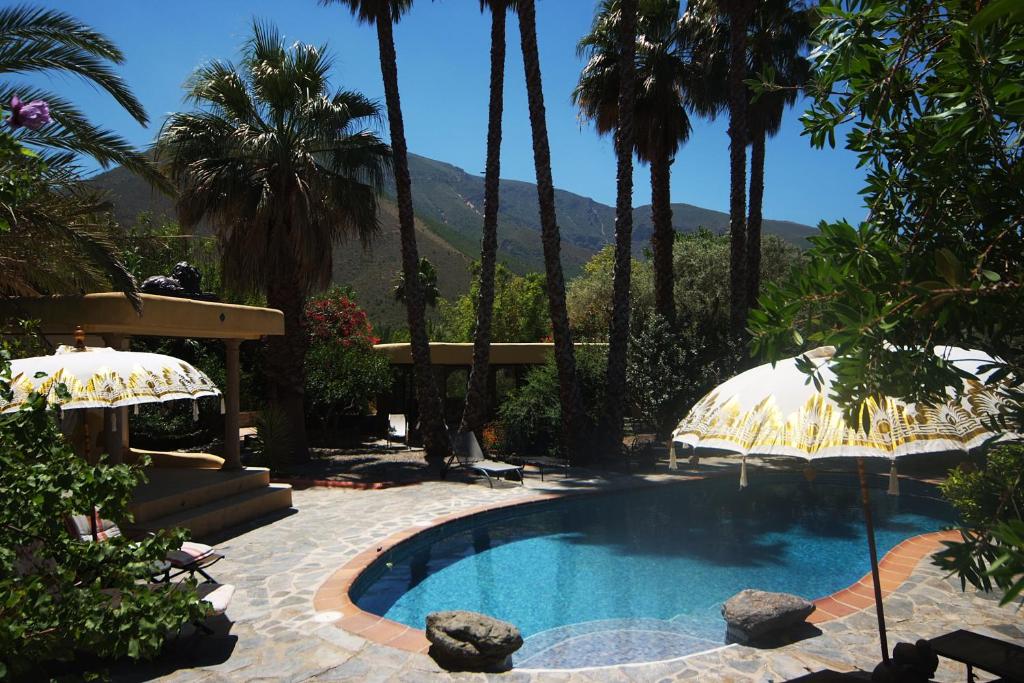 una piscina con 2 sombrillas y palmeras en Paraíso Rural, en Órgiva