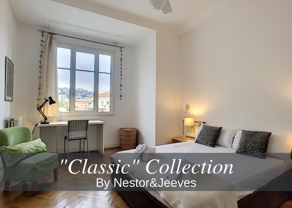 a bedroom with a bed and a desk and a window at Nestor&Jeeves - PALAIS NICOLE - Central - Very close sea in Nice