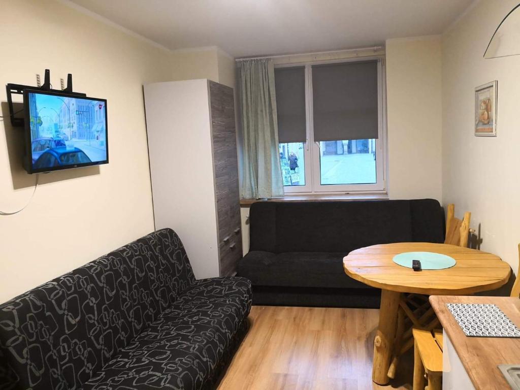 a living room with a couch and a table at Apartamenty Górskie LĄDEK-ZDRÓJ in Lądek-Zdrój