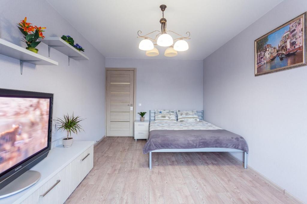 1 dormitorio con 1 cama y TV de pantalla plana en Apartment Obolon metro station, en Kiev