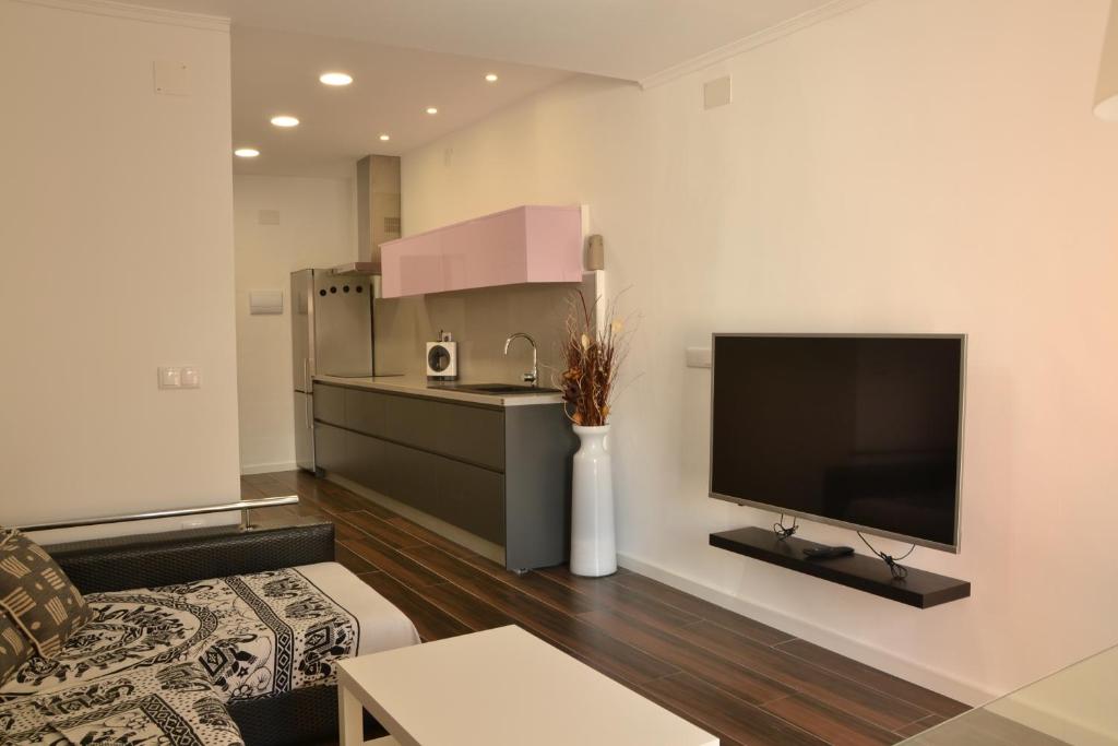 un salon avec une grande télévision à écran plat dans l'établissement Piso moderno en casco antiguo próximo a la playa, à Alicante