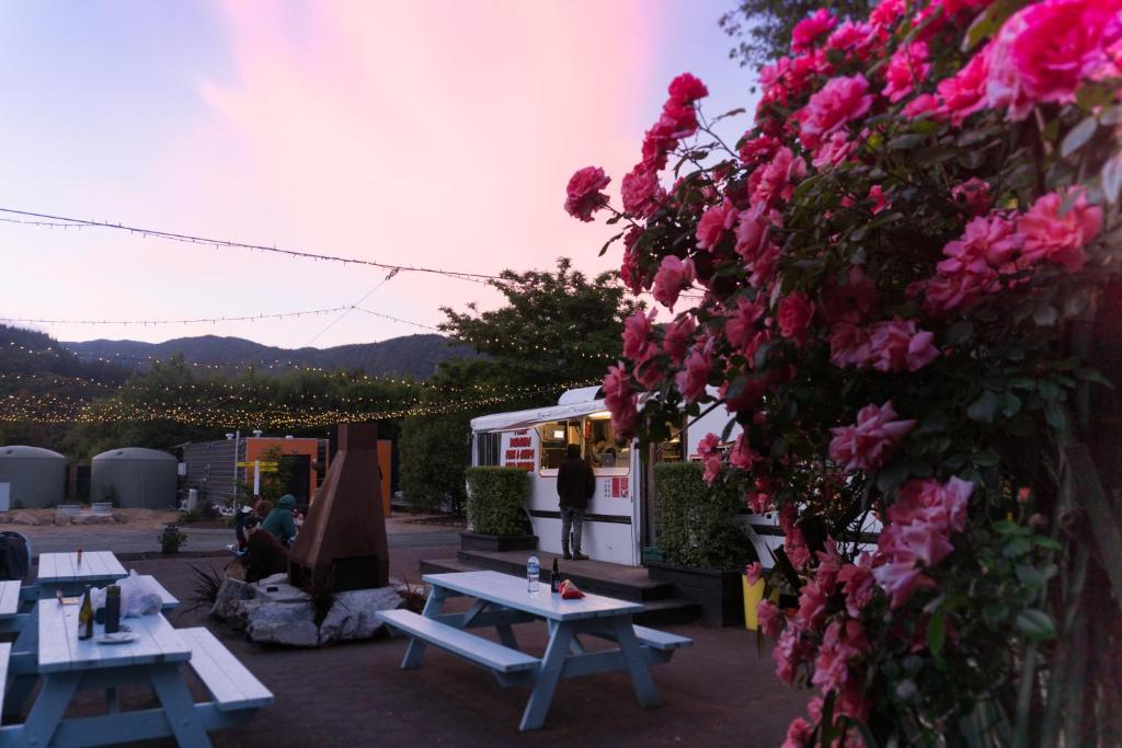 馬拉豪的住宿－Adventure Inn Marahau，享有野餐桌和鲜花的景致