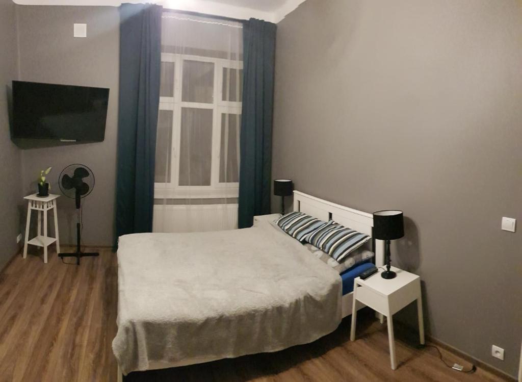 1 dormitorio con cama, ventana y TV en Apartamenty Równa, en Kielce