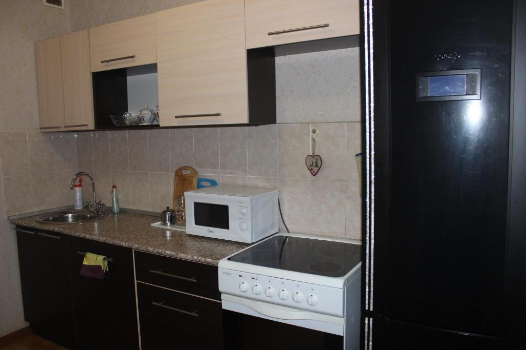 アルハンゲリスクにあるКвартира в центре Воскресенская 75к1のキッチン(黒い冷蔵庫、電子レンジ付)