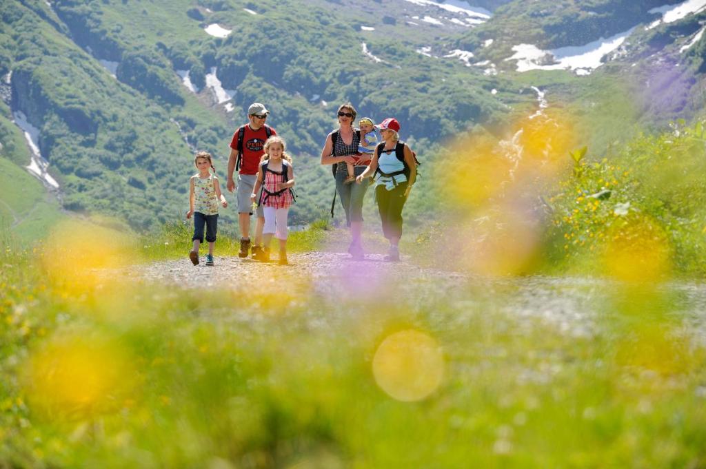 a family walking down a path in the mountains at Hotel Schweizerhof in Engelberg