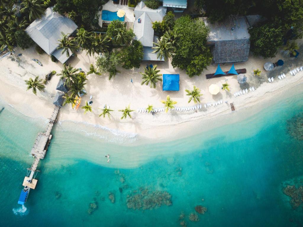 an aerial view of a beach with palm trees at Hideaway Island Resort in Port Vila