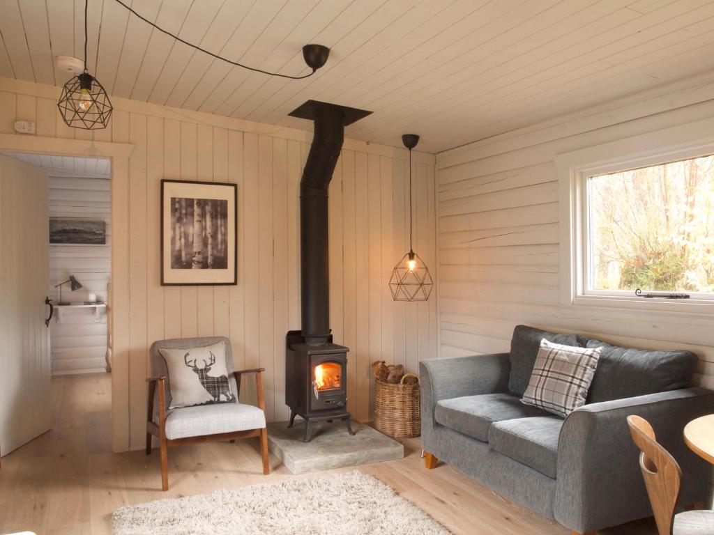 un soggiorno con divano e stufa a legna. di Woodside Logcabin Ardoch Lodge a Strathyre