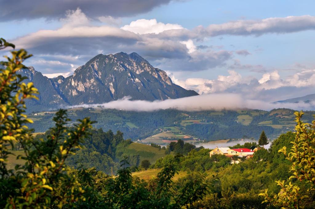 een berg gehuld in wolken met een stad op de voorgrond bij Casa Cristalul Muntilor in Poiana Mărului