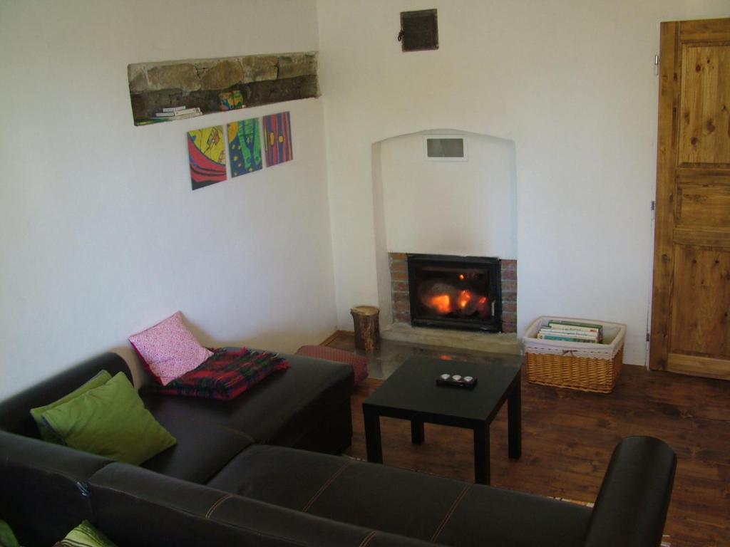 a living room with a couch and a fireplace at Apartmány v Chalupe in Stará Lesná