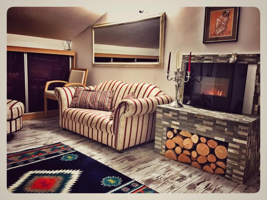 a living room with a couch and a fireplace at Eco Travel in Suceava