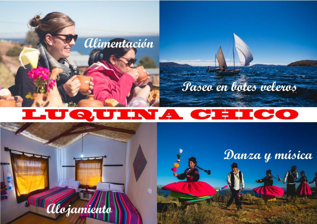 un collage de fotos de una casa con un velero en LUQUINA NATURAL Lodge, en Luquina