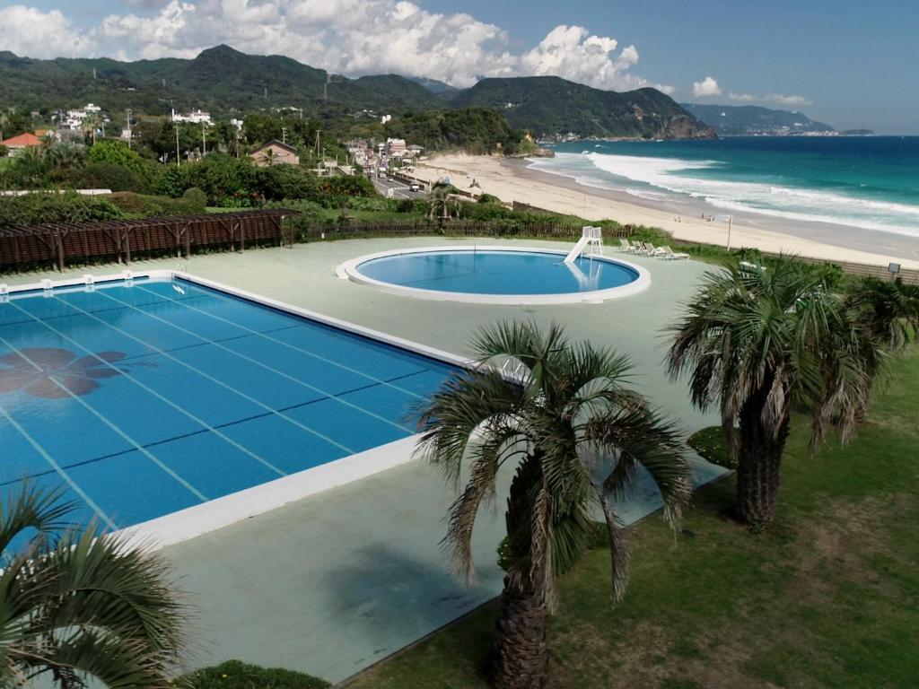 a swimming pool next to a beach with palm trees at Hotel Izukyu in Shimoda