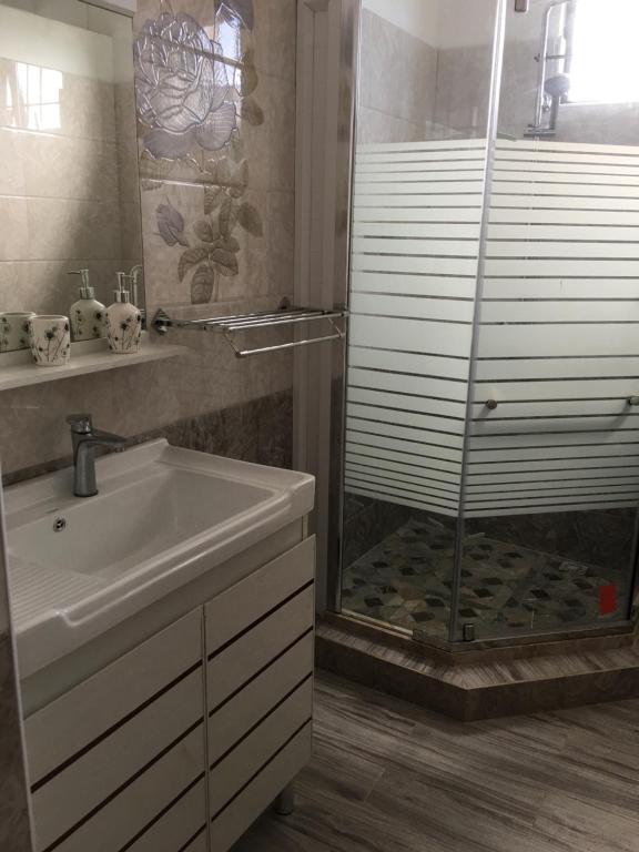 ein Badezimmer mit einem Waschbecken und einer Dusche mit einer Glastür in der Unterkunft The Octagon wing A in Beau Vallon