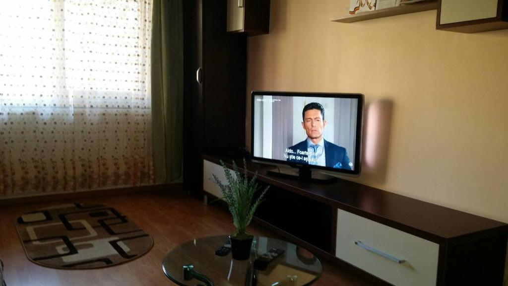 einen TV auf einer Theke in einem Zimmer in der Unterkunft Honey rooms Hunedoara in Hunedoara