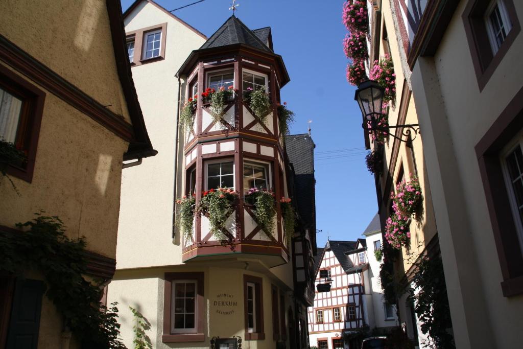 a building with flower boxes on the side of it at Weingut Gästehaus Derkum in Ürzig