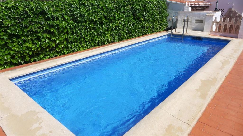une piscine bleue à côté d'une haie verte dans l'établissement Anacasa Villa Faig Playa Burguera Terranova CH2500, à Oliva
