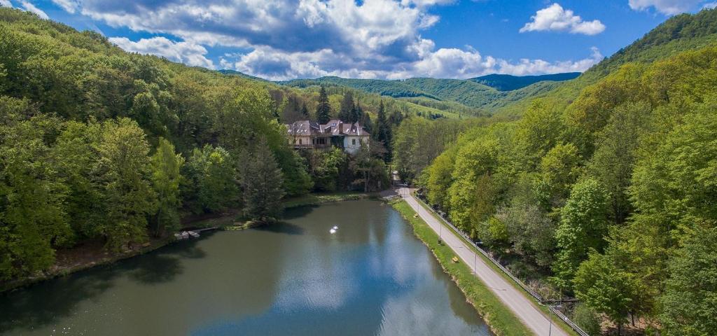 widok na dom na środku rzeki w obiekcie Kőkapu Vadászkastély és Hotel & Apartments w mieście Nagyhuta