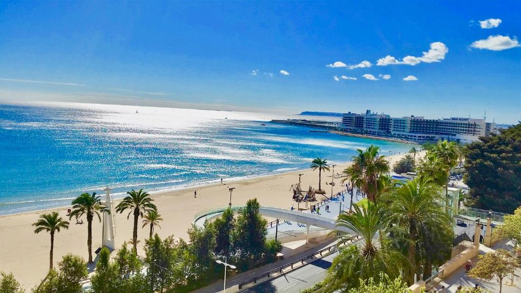 a view of a beach with palm trees and the ocean at Apartamento Deluxe Playa Alicante in Alicante