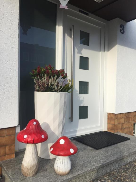 two red mushrooms sitting in front of a door at Apartment Sabine in Oberasbach
