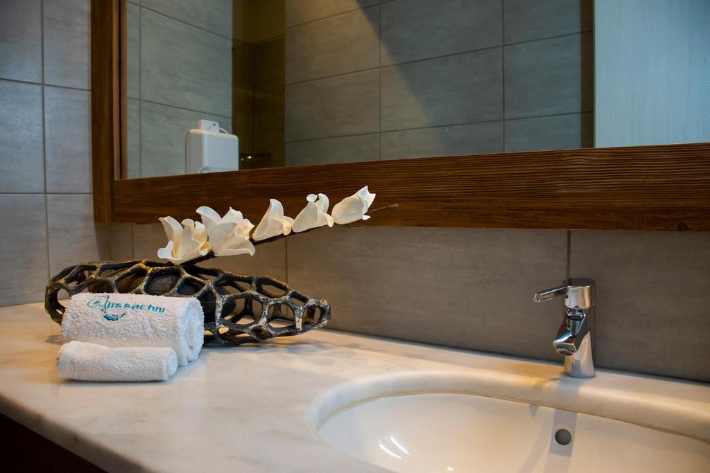 Alissachni Luxury Apartments في ديرفينيون: منضدة الحمام مع الحوض والمرآة
