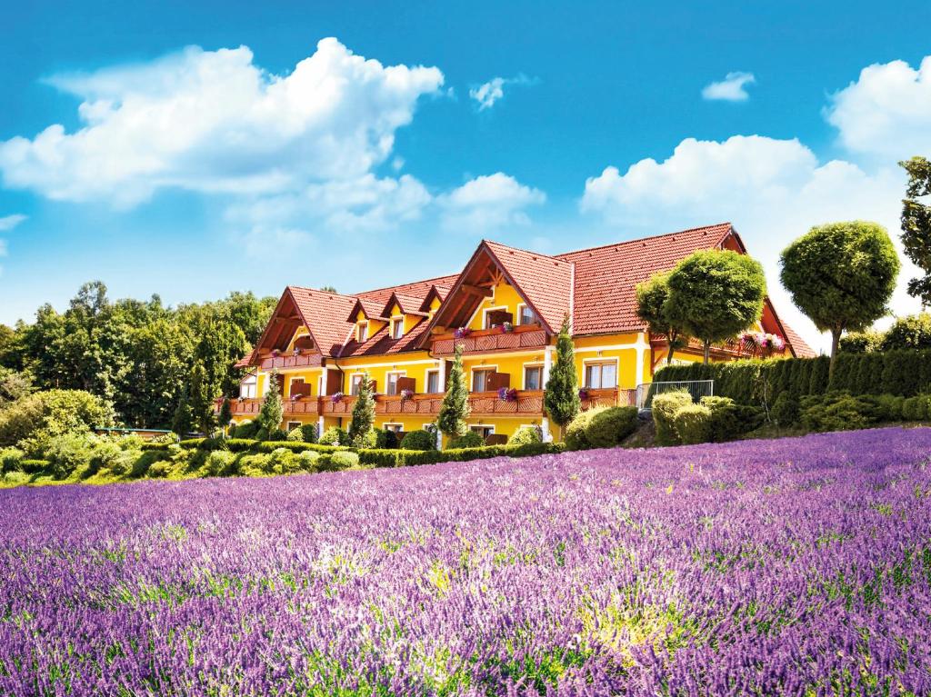a house in the middle of a field of lavender at Maria Theresien Hof Loipersdorf in Jennersdorf