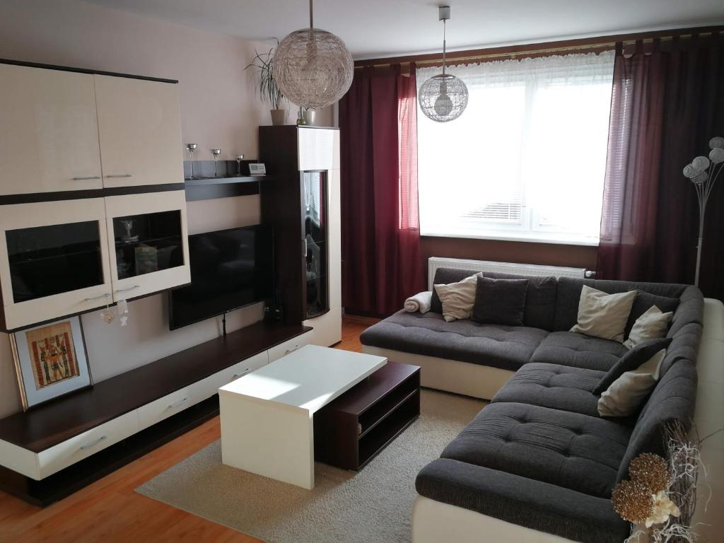 a living room with a couch and a tv at Apartman May Tatranska Lomnica in Tatranská Lomnica