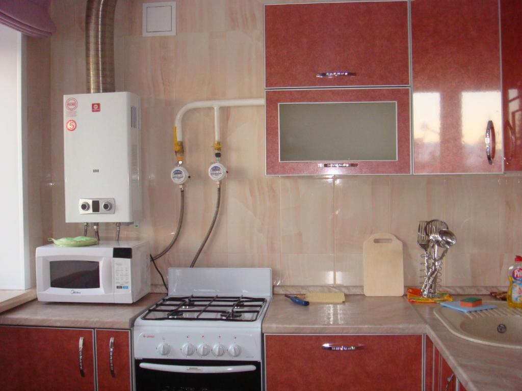 コストロマにあるApartment on Ulitsa Sovetsakayaのキッチン(コンロ、電子レンジ付)