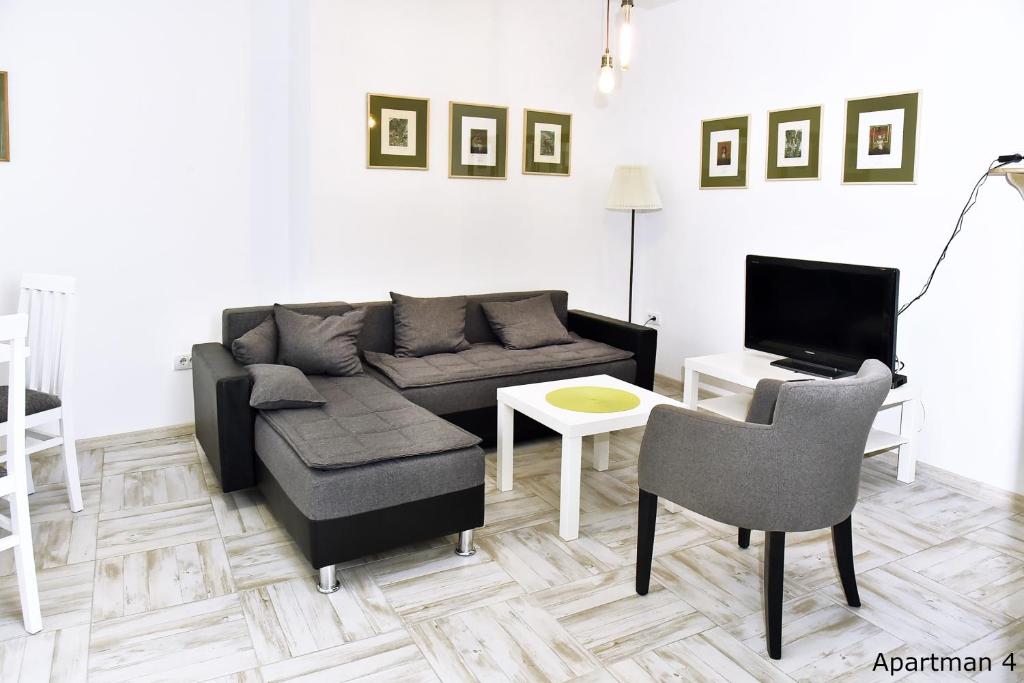 Vajda Apartments في نوفي ساد: غرفة معيشة مع أريكة وطاولة
