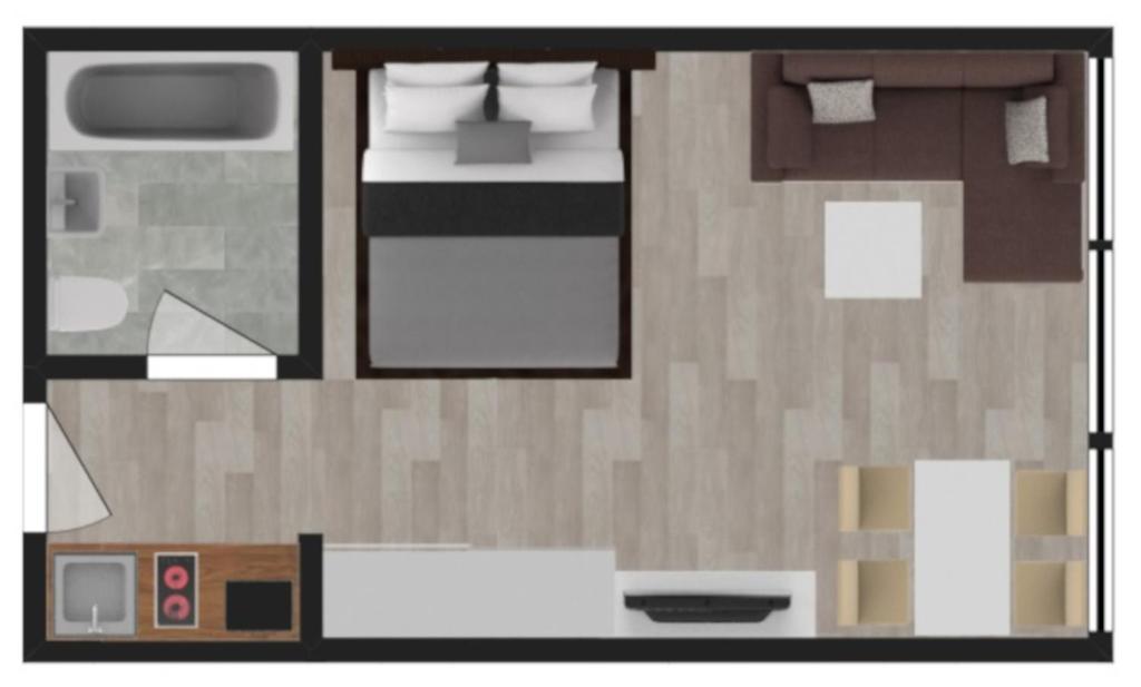 Grundriss eines kleinen Apartments mit einem Schlafzimmer in der Unterkunft Südstrandflair in Fehmarn