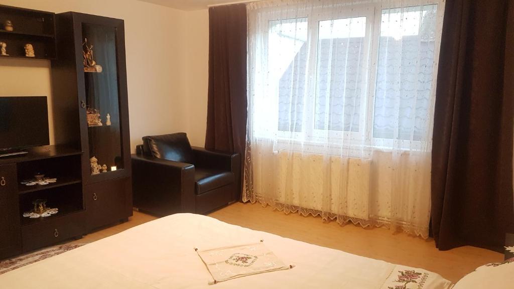 a bedroom with a chair and a window at Apartament Teilor in Râşnov