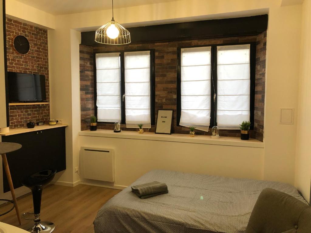 ein Schlafzimmer mit zwei Fenstern und einem Bett darin in der Unterkunft Marguerite in Straßburg
