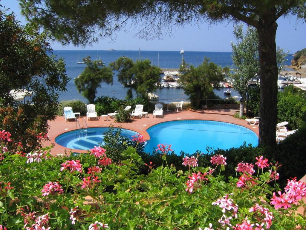 
a beach with palm trees and a pool of water at Hotel Mare in Portoferraio
