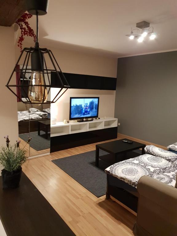 a living room with a bed and a tv at Apartamenty Hetmańska - 24h Shop in Katowice