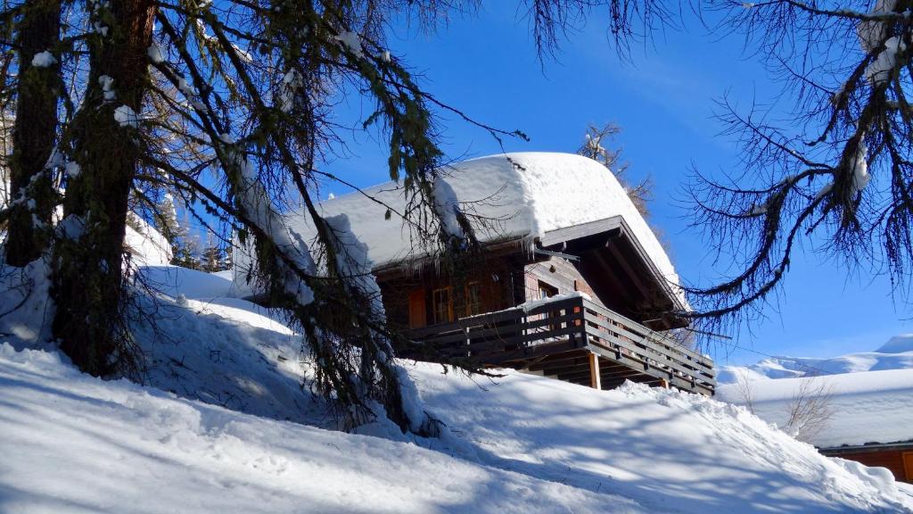 ein Gebäude mit einem schneebedeckten Dach auf einem schneebedeckten Hang in der Unterkunft Waldhuesli in Bellwald