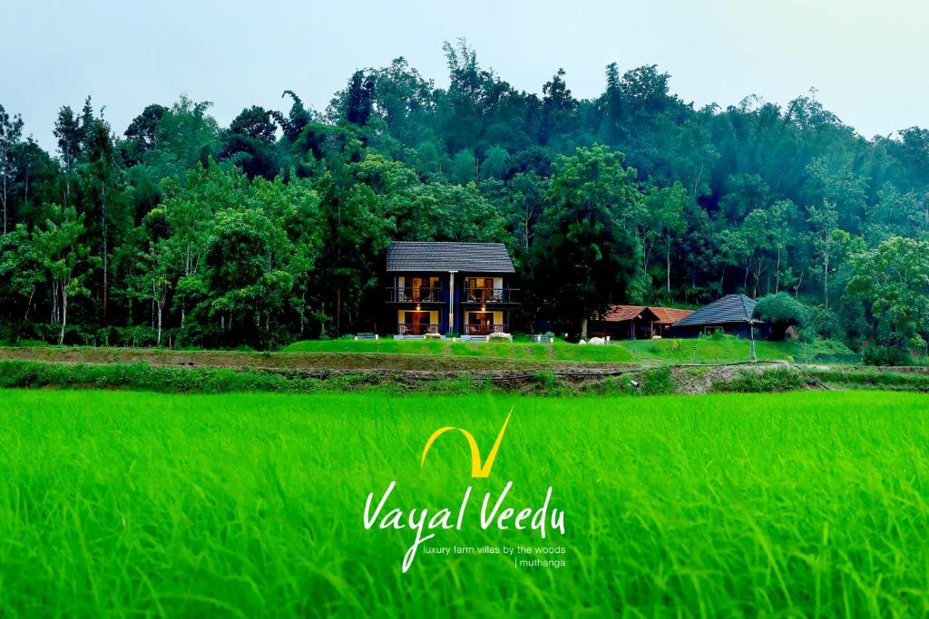 a house in the middle of a rice field at Vayal Veedu - Luxury Farm Villas by the woods in Muthanga