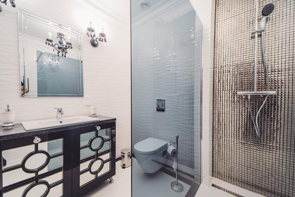 łazienka z umywalką, toaletą i prysznicem w obiekcie Glam Apartments w Toruniu
